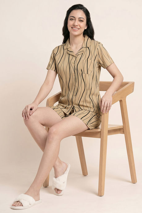 Zivame Wavy Stripes Knit Cotton Short Set - Warm Sand — image 5